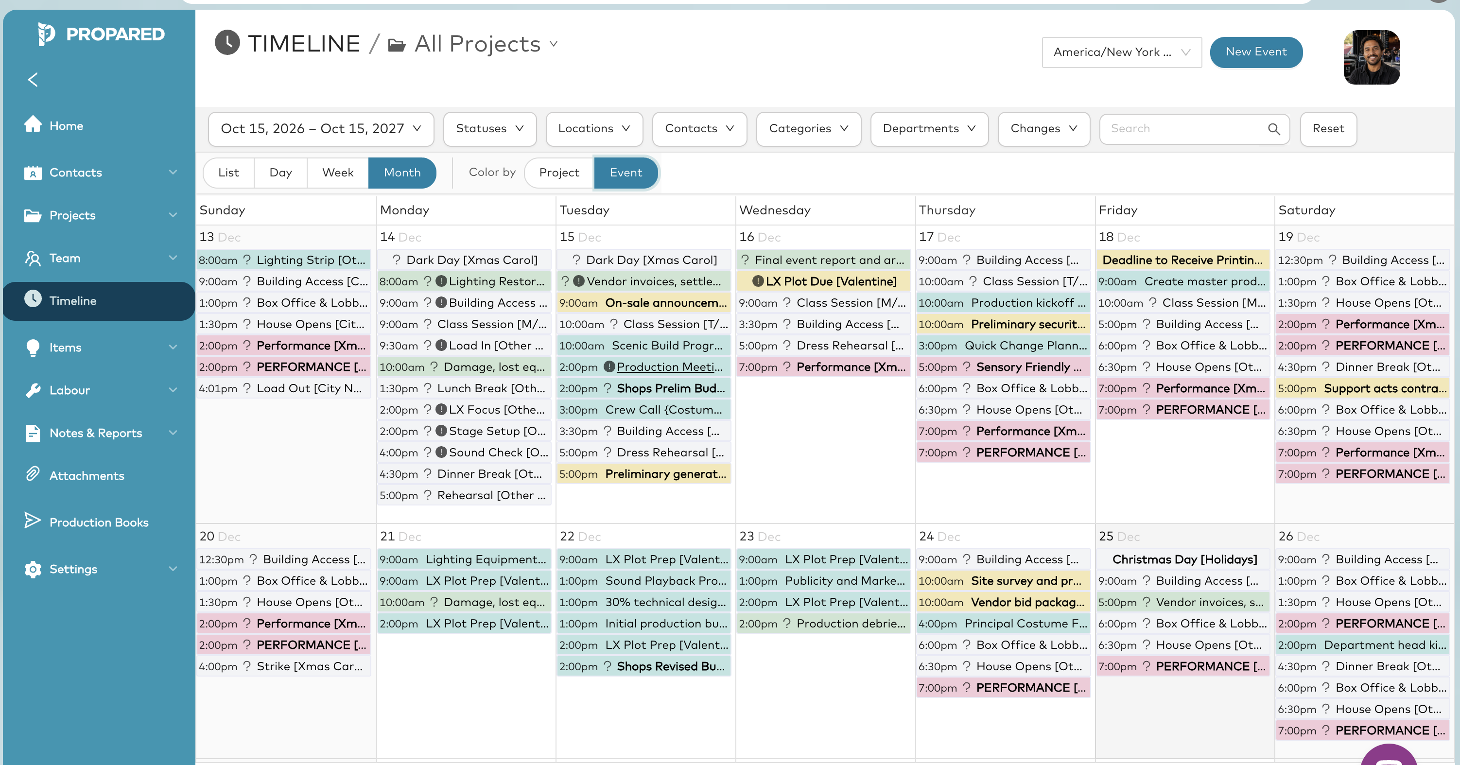 Propared Timeline in month view, with color-coded production events across multiple days and projects.