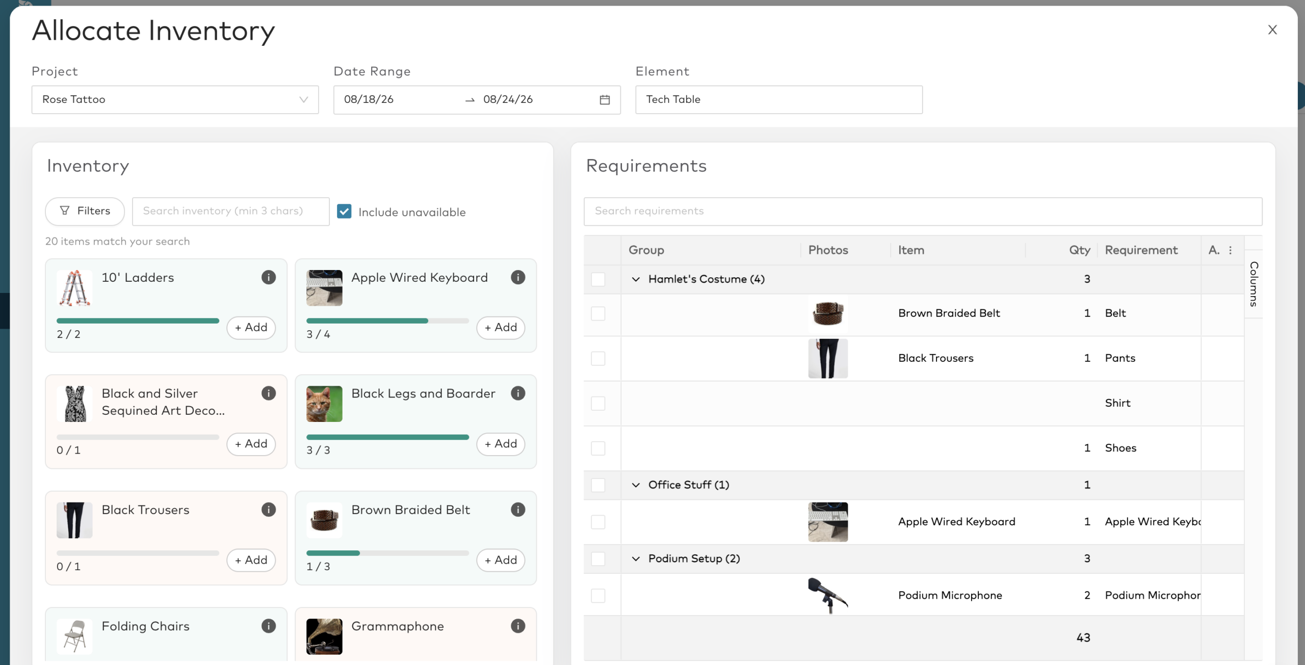 Propared Allocate Inventory screen, showing a project and date range above inventory quantities and production requirements.