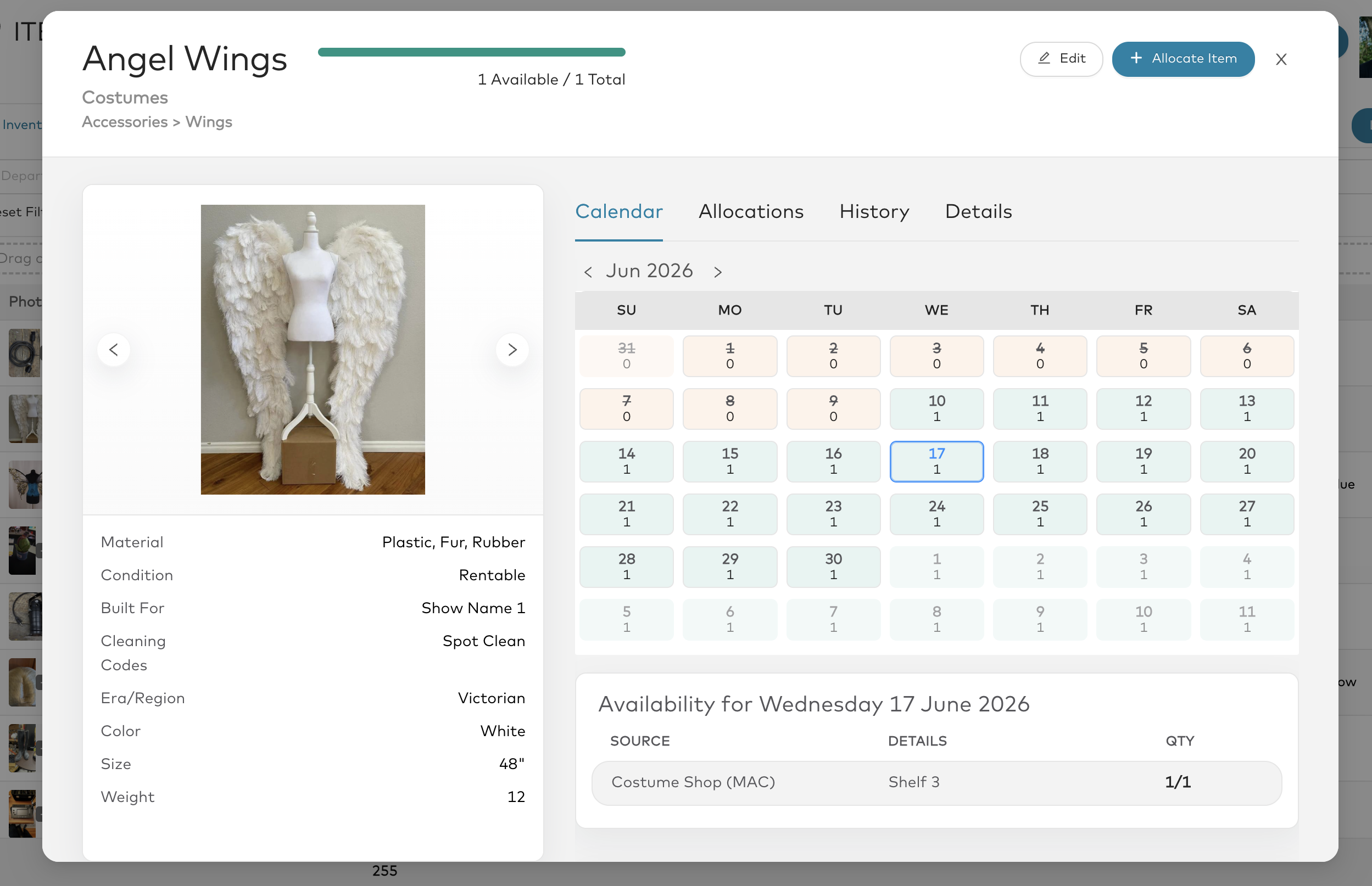 The Angel Wings item in Propared, with its photograph, details, monthly availability calendar, and source quantity.