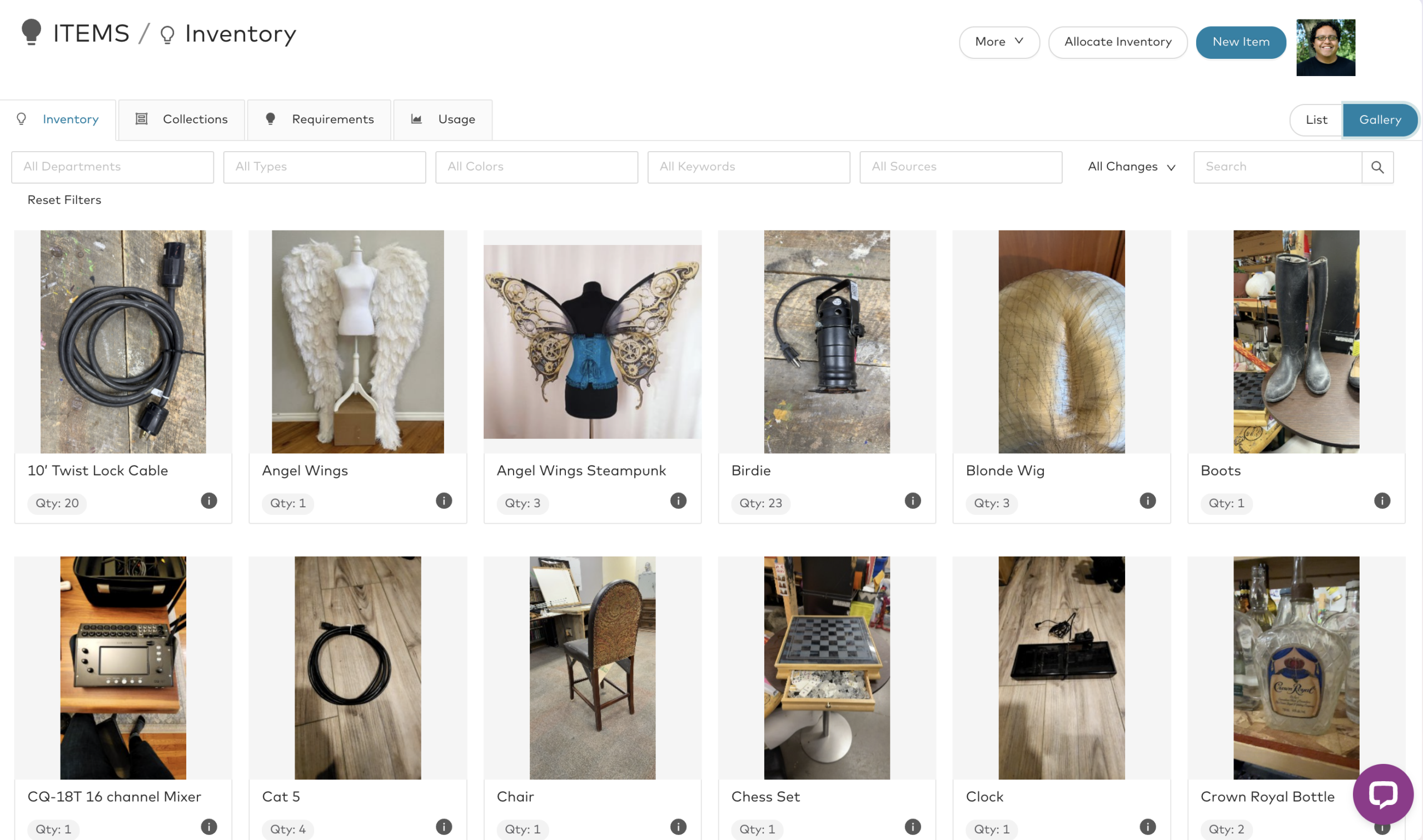 Propared inventory gallery displaying photographs, names, and quantities for cables, costumes, lighting, props, and other items.