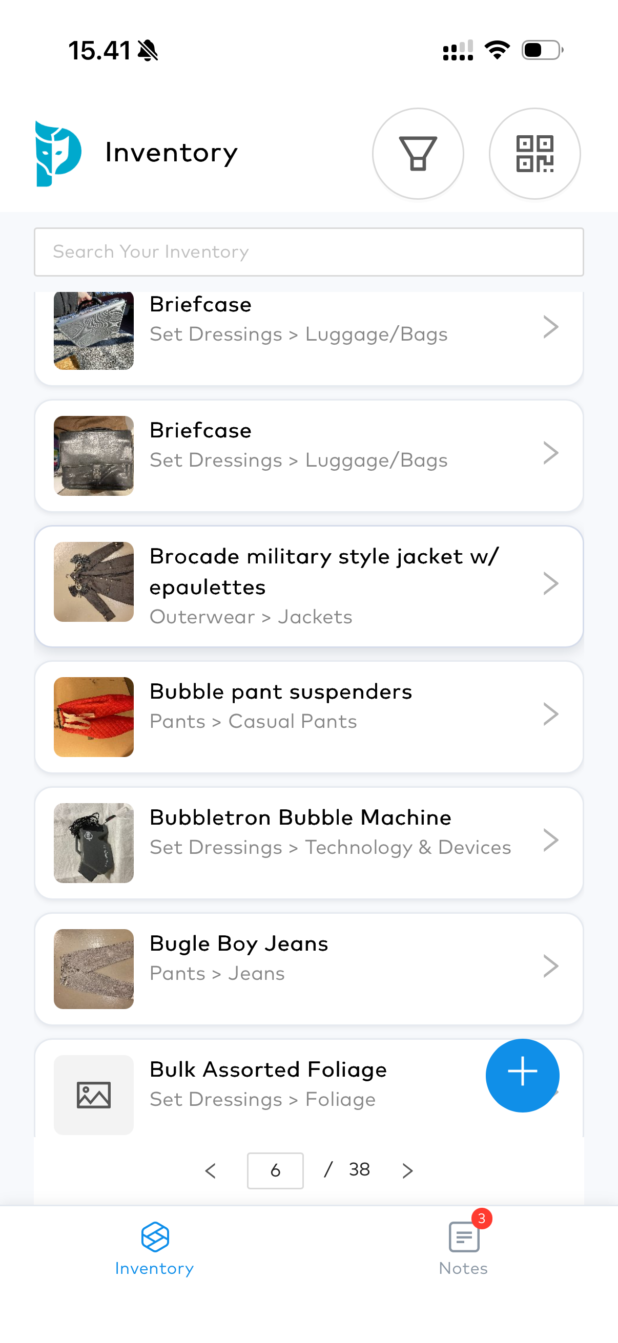 Propared mobile inventory showing item photographs, names, categories, search, and inventory navigation.