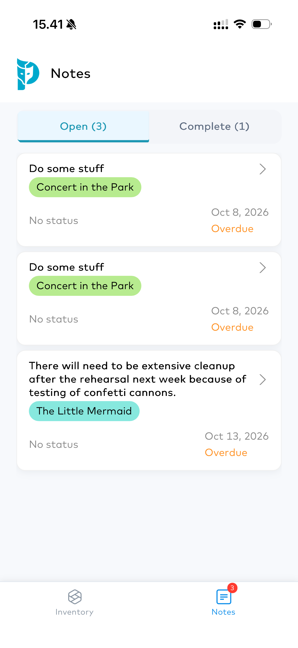 Propared mobile notes with Open and Complete tabs and work notes associated with productions.